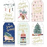 120Pcs Christmas Paper Gift Tags with Hemp Rope Xmas Tree Stocking Tag Pre-Punched with Holes Gold Foil Happy Holiday Favor Tag Hanging Labels, 6 Design