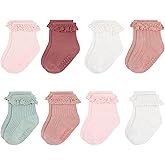 Looching 8 Pack Baby Girls Anti Slip Socks Toddler Frilly Ruffle Grip Ankle Cotton Socks for Infant/Newborn/0-2T