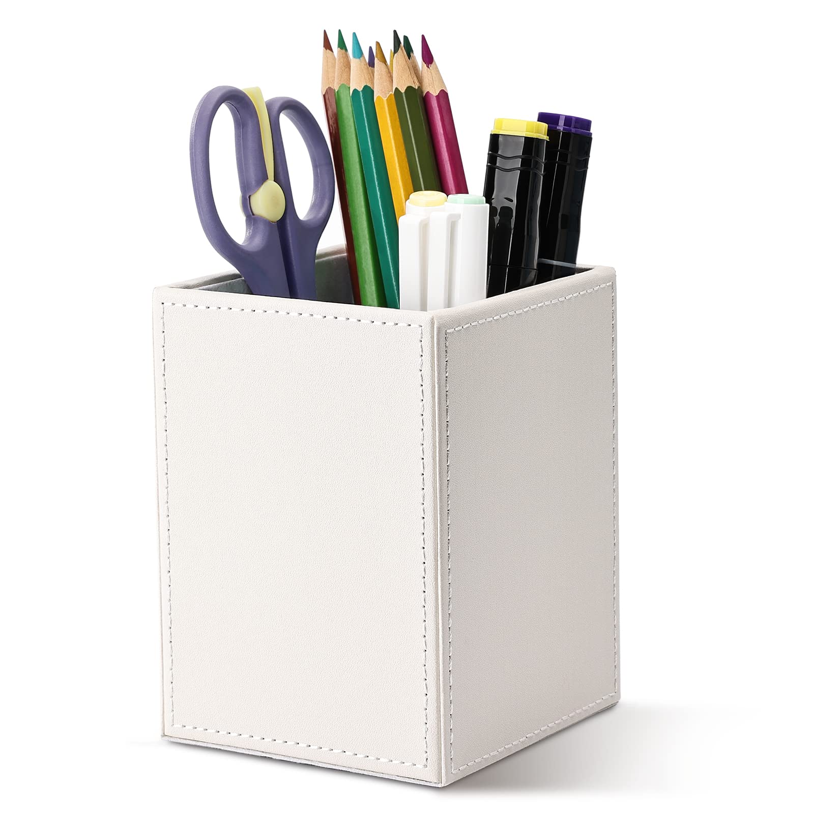 GORESE Square Leather Pen Holder, Desk Organizer Pen Box Pencil Holder Fountain Pen Brush Holder Organizer for Office, School, Household and Children (White)