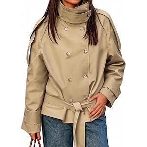 Cicy Bell Womens Short Trench Coats Double Breasted Casual Belt Fall Jacket | Stand Collar, Polka Dot,Short Length, Long Slee