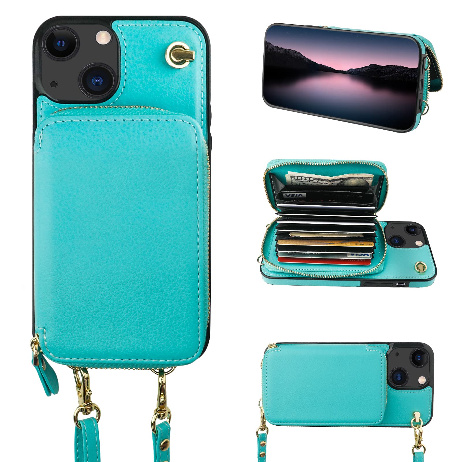 Bocasal Crossbody Wallet Case for iPhone 14/13, RFID Blocking Leather Purse Case with Card Holder, Protective Handbag Flip Cover with Zipper Wrist Strap Lanyard for Women 5G 6.1 Inch (Mint Green)