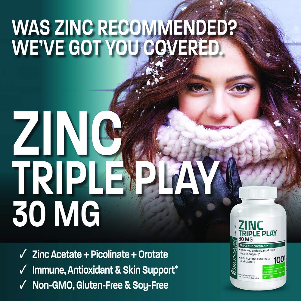 Bronson Zinc Triple Play 30 mg Triple Coverage Immune Support with Zinc Acetate, Picolinate & Orotate - Immune, Antioxidant & Skin Health Support - 100 Vegetarian Capsules