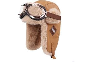 KAZZHA KAHHZA Vintage Aviator Hat with Goggles Pilot Cap Costume for Adult Leather Trapper Hat with Fur Ear Flaps for Winter Warm