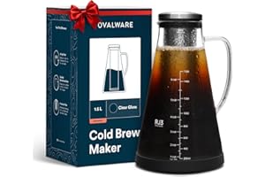 OVALWARE Airtight Cold Brew Iced Coffee Maker Pitcher (& Iced Tea Maker) with Spout – 1.5L/ 51oz Brewing Glass Carafe with Removable Stainless Steel Filter