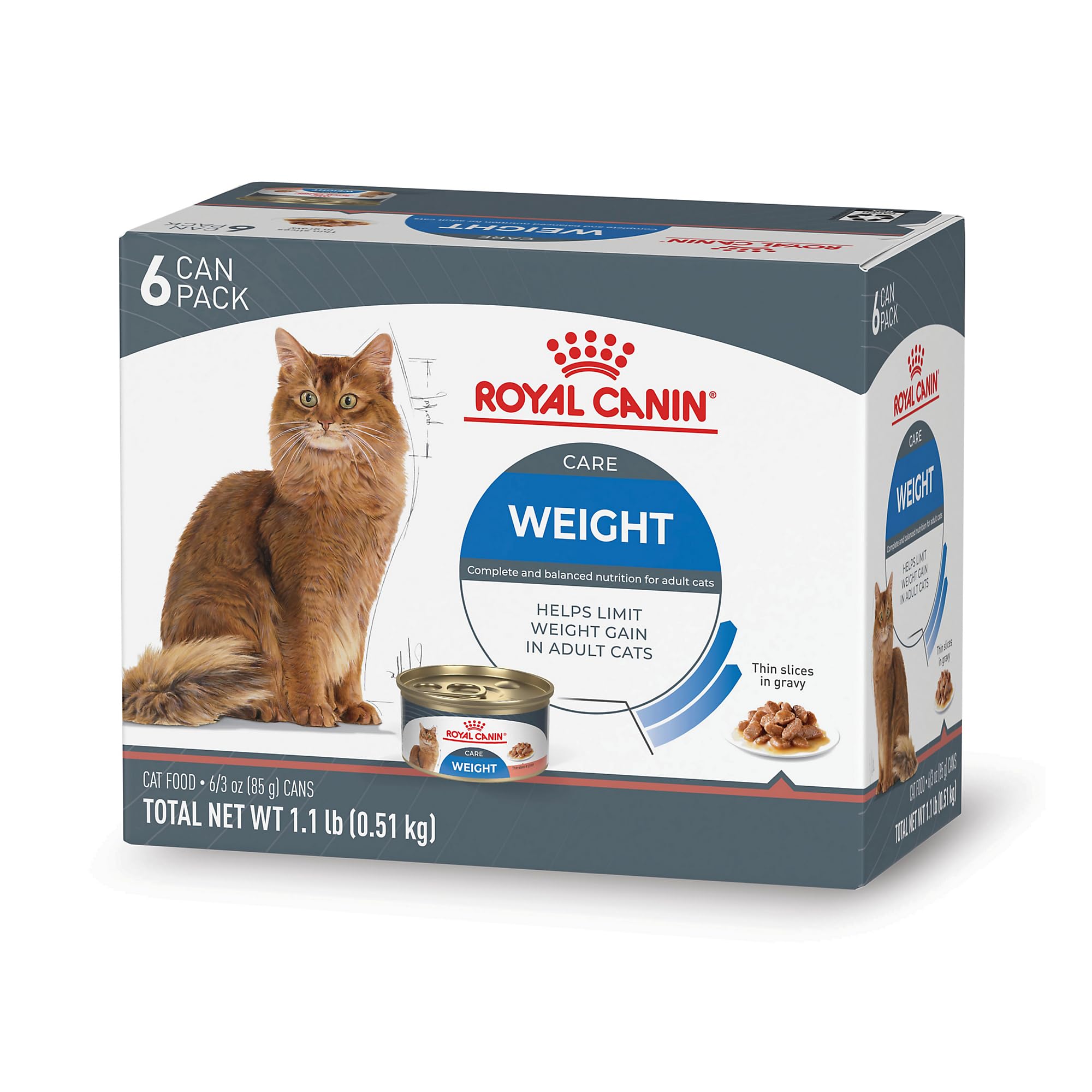 Photo 1 of ***** BEST BUY 12/06/25**** Royal Canin Feline Care Nutrition Weight Care Adult Thin Slices in Gravy Cat Food, 3 oz (Pack of 6)