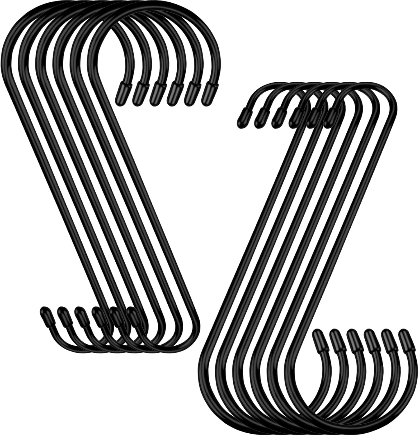 Outdoor Hanging Brackets - 12 Pack 8 inch Large Vinyl Coated S Hooks with Rubber Stopper Non Slip Heavy Duty S Hook, Steel Metal Black Rubber Coated Closet S Hooks for Hanging Jeans Plants Pot Pan Cups Towels Hats, Black