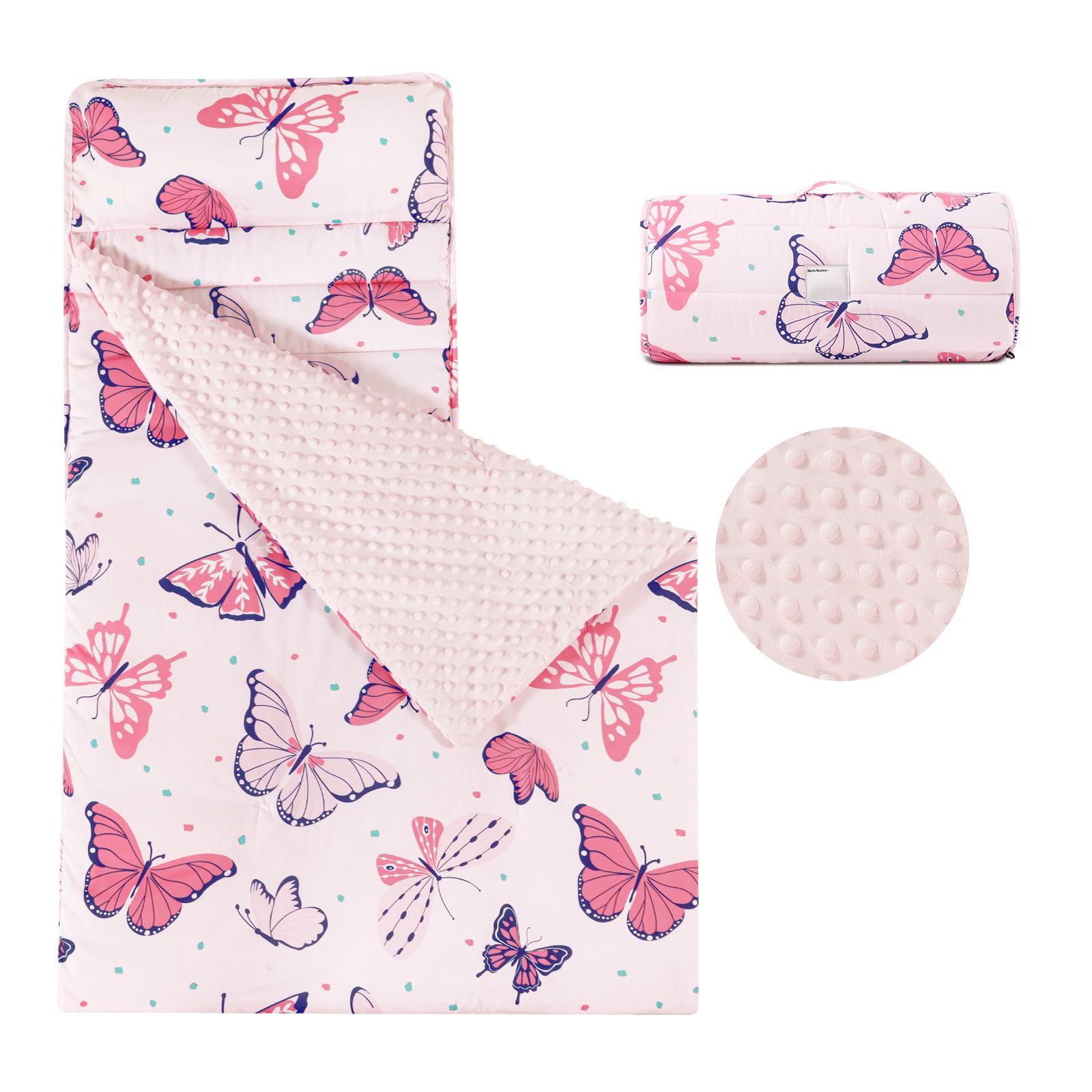 Photo 1 of david's kids Minky Toddler Nap Mat with Pillow and Minky Fleece Blanket, Ultra Soft Slumber Bags for Girls, Perfect for Preschool, Daycare, Kids Sleeping Bags with Rollup Design, 50"x20", Butterfly