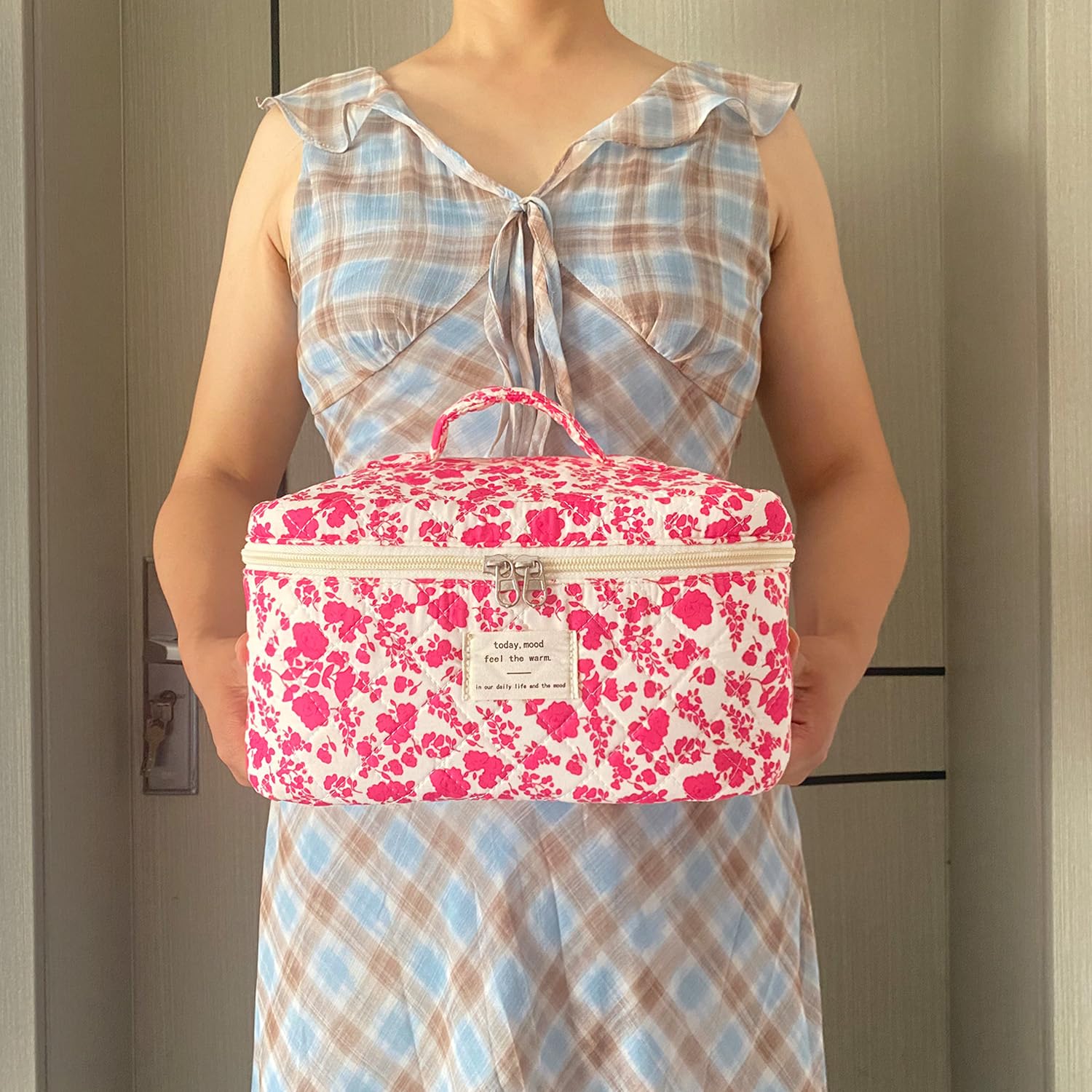 Rose Red Large Quilted Floral Makeup Bag Cute Soft Coquette Aesthetic Cosmetic Bag Cotton Travel Toiletry Bag for Women