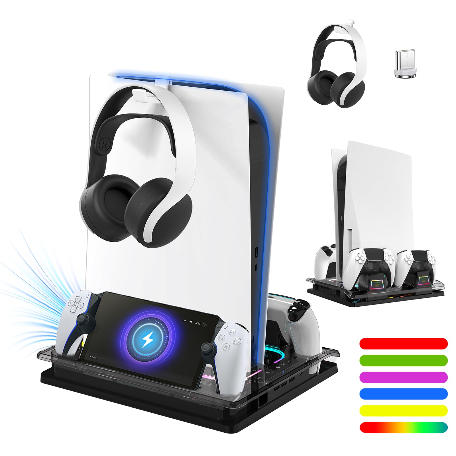 Cooling Station And Console Stand for Ps5/Ps5 Slim Console Digital &Ultra Hd Version,Dual Controller Charging Dock with Rgb for Playstation 5,with PS Portal Charger,Headset & Holder Charging Ports