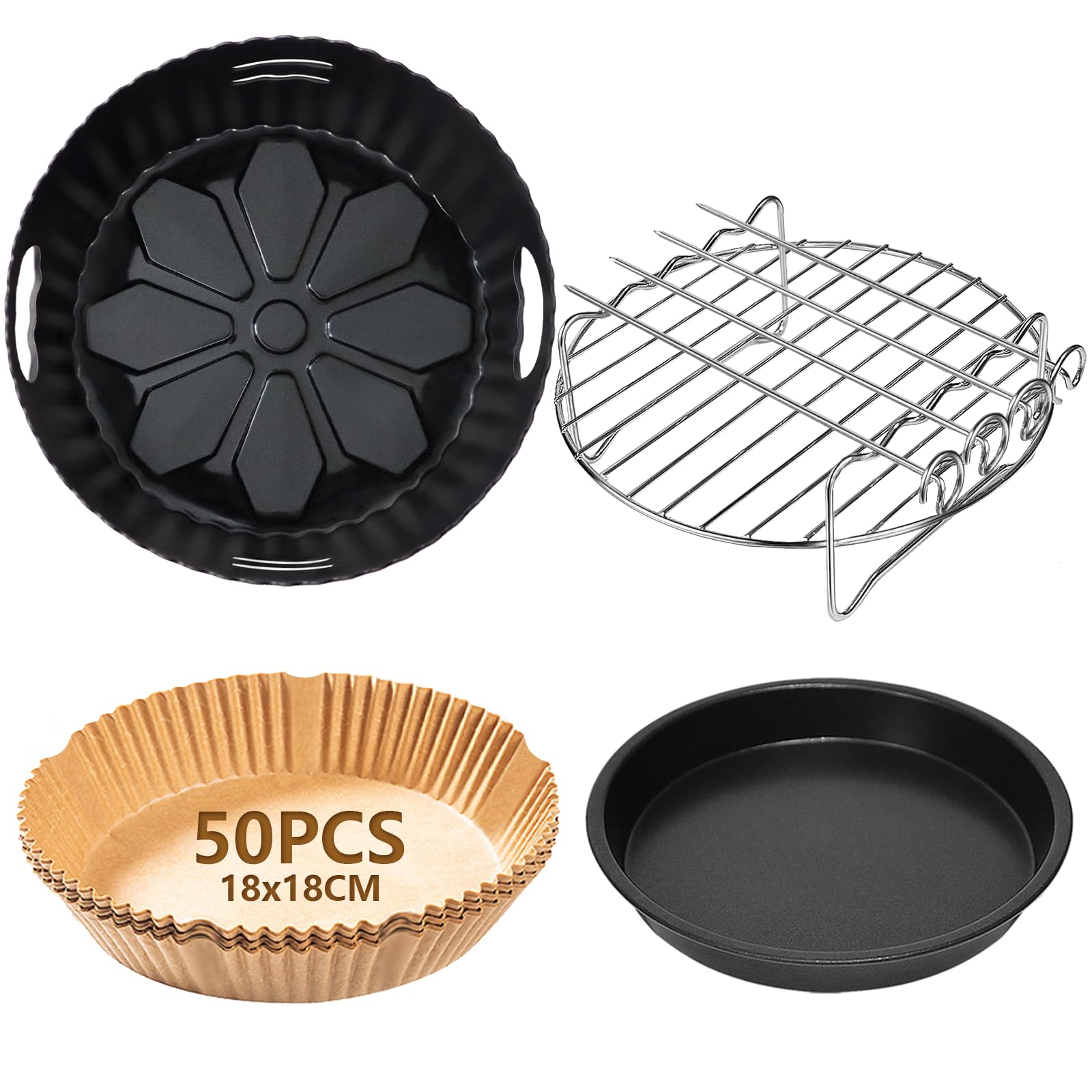 4PCS 19CM Heißluftfritteuse Zubehör - Airfryer Zubehör für Russell Hobbs 4L, Philips 2000-Serie 4,2L (NA229/00), Ninja 5,2L AF160EU, COSORI 3.8L, Grillrost Pizzapfanne Backpapier Silikonform