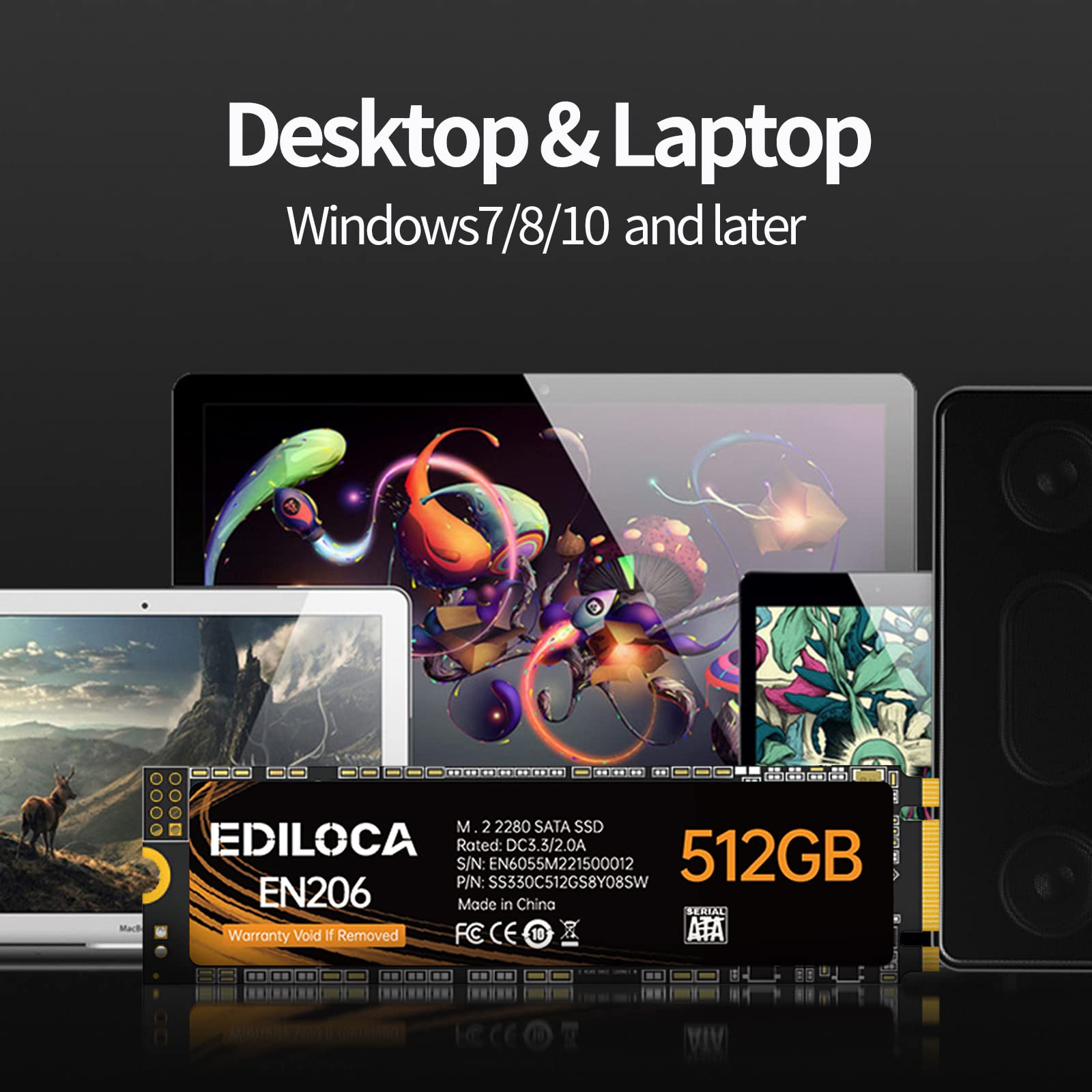 EN206 512GB 3D NAND TLC M.2 SSD, M.2 2280 SATA III 6Gb/s SSD Internal Hard Drive, Read/Write Speed up to 550/460 MB/s, Compatible with Ultrabooks, Tablet Computers and Mini PCs
