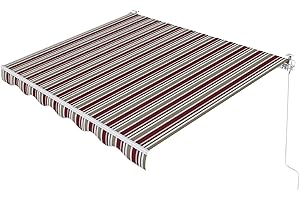 Paramondo Patio Awning Retractable Fully Assembled 11.5'x8', Manual Commercial Grade - Premium Quality 100% 280G Ployester Window Door Sunshade Shelter Deck Canopy Balcony, Wine Red/Beige Stripes