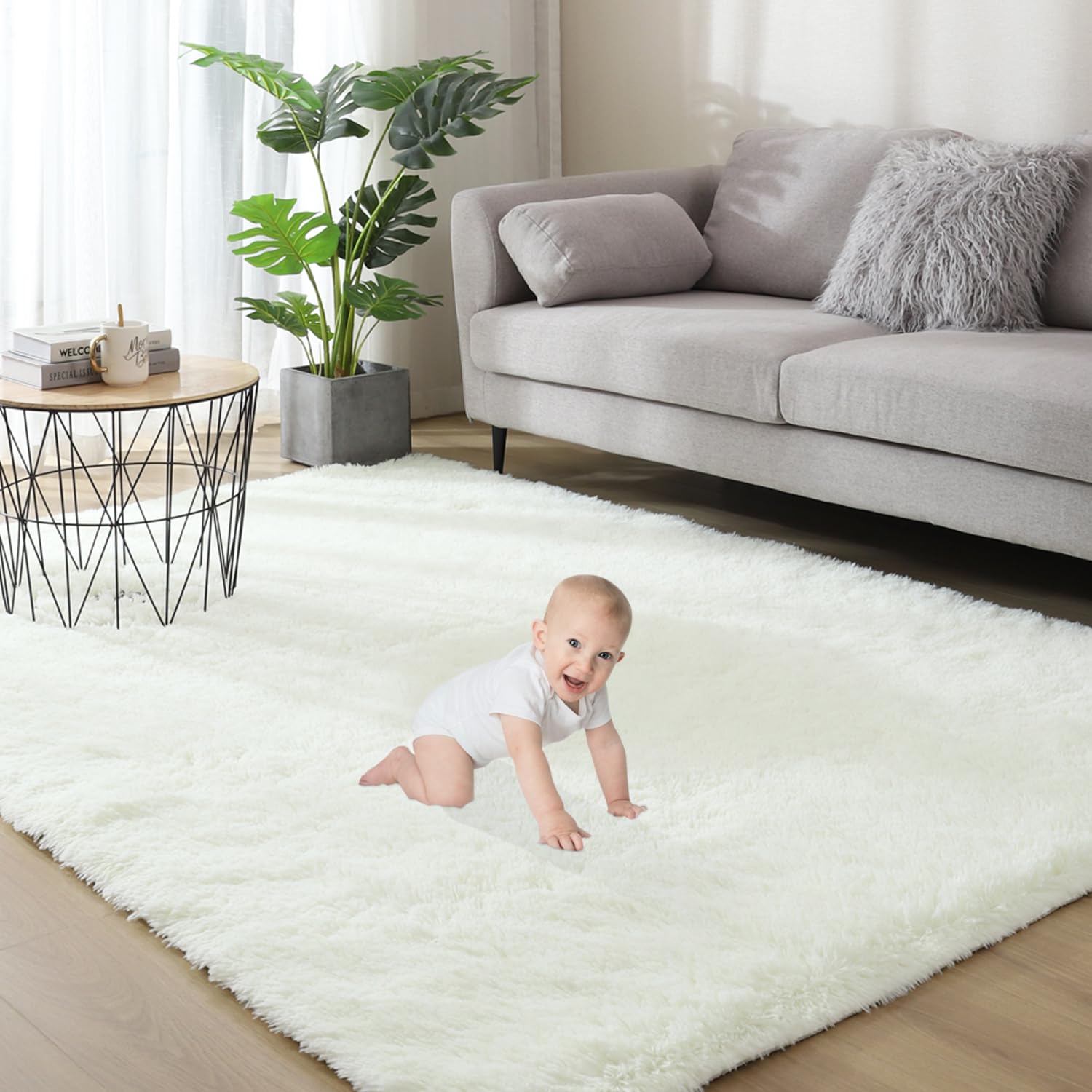Gsogcax Rugs Living Room 4'×5.3' Super Soft Fluffy Area Rugs for Bedroom Shaggy Anti-Skid Comfortable Large Rugs Indoor Modern Home Decor Floor Carpet - White 120x160