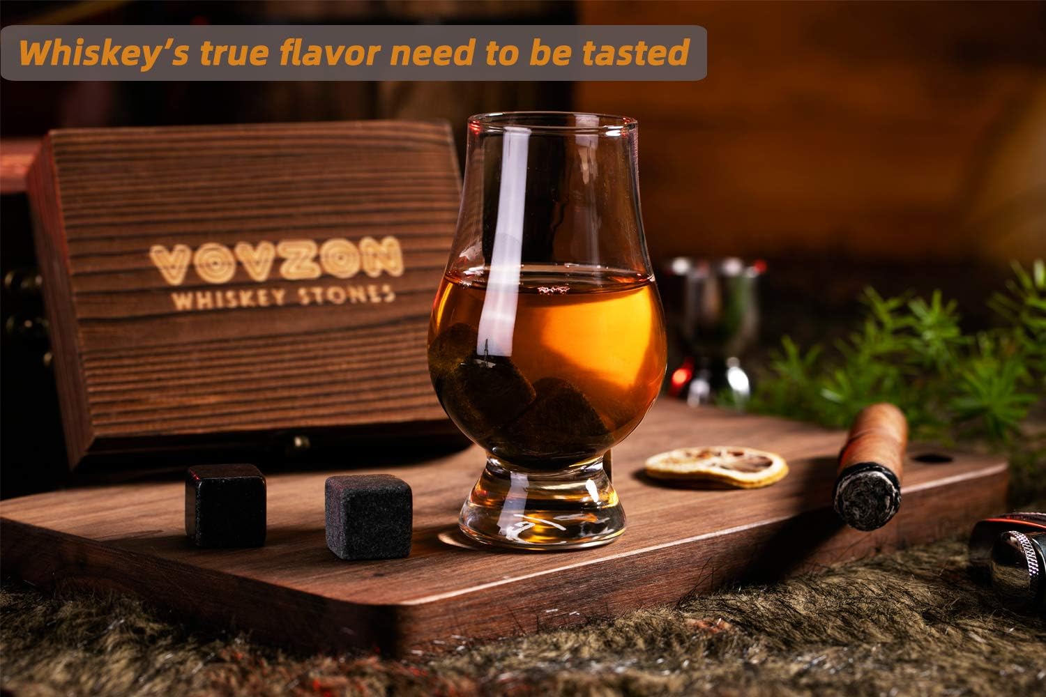 VOVZON Whiskey Chilling Stones Gift Set for Men, 9 Whisky Scotch Bourbon Stones in Wooden Box - Image 5