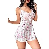 BEAUDRM Women's Babydoll Lingerie Floral Chemise Nightgowns Bow Sleeveless V Neck Nightdress Sleepwear