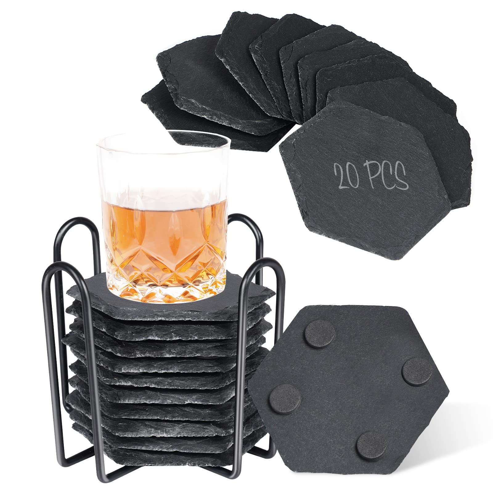 Photo 1 of 20pc Slate Stone Drink Coasters with Holder - Elegant, Durable, Engravable - Perfect for Beverages, Entertaining, Home Decor & Gifts (20)