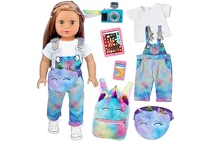 ZITA ELEMENT 7 Pcs American 18 Inch Doll Clothes and Accessories - 18 Inch Doll Clothes Set with Backpack, Waist Bag, Cell Phone, Tablet, Camera