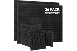 AUSLET Sound Proof Foam Panels, 36 Pack 12 X 12 X 2 Inches High Density Acoustic Panels Pyramid Sound Proof Panels for Walls Studio, Fire Resistant & Sound Absorbing Foam (Black)