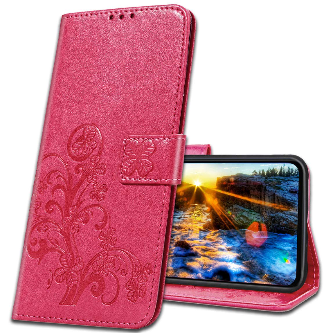 MRSTER Xiaomi Redmi Note 8T Wallet Case Leather, Premium PU Embossed Design Magnetic Closure Protective Cover with Card Slots for Xiaomi Redmi Note 8T. Luck Clover Rose