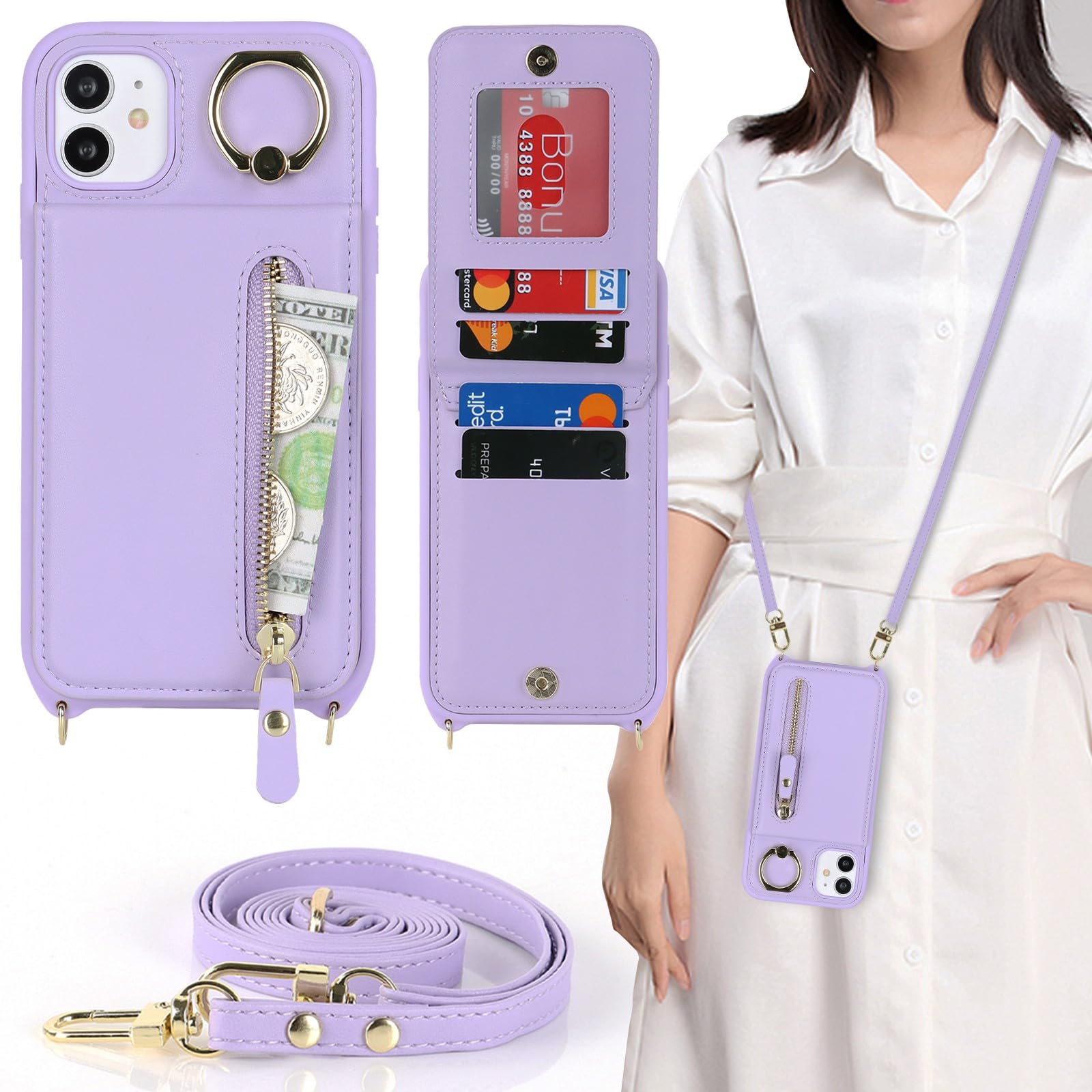 Zouzt for iPhone 11 Case with Cord and Card Holde, Zipper Wallet Case with Crossbody Lanyard Ring Adjustable Necklace Protective Cover Women for iPhone 11 6.1 Inch - Purple