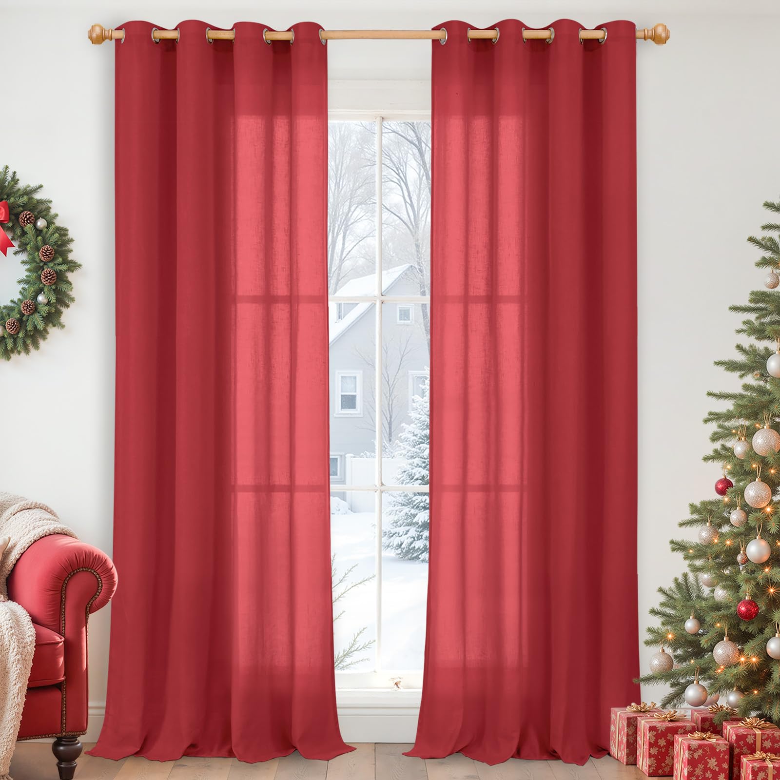 YoungsTex Red Linen Curtains 95 Inches Length for Living Room, Light Filtering Drapes Privacy with Grommet for Christmas Bedroom Dining Room, 2 Panels, 52 X 95 Inch Image