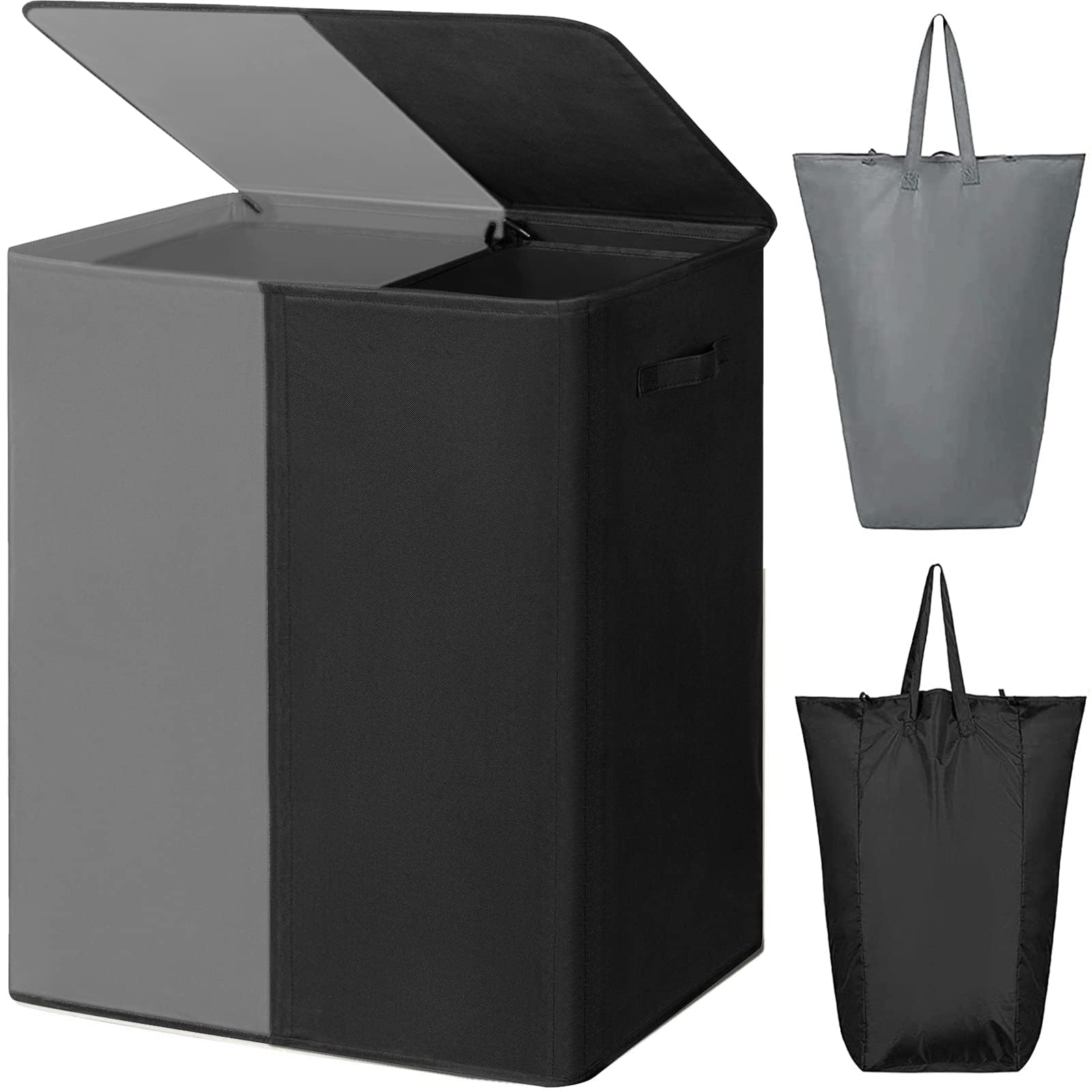 WOWLIVE 154L Double Laundry Basket with lid large washing basket and Removable Laundry Bags Large Collapsible 2 Dividers washing basket with Handles for Bedroom Laundry Room Closet (Grey+Black)