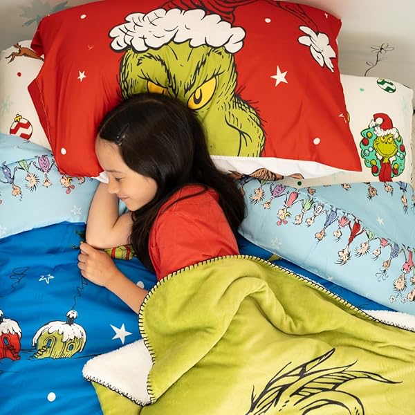 GRINCH BY DR. SEUSS HOLIDAY & CHRISTMAS BEDDING SUPER SOFT COMFORTER AND SHEET SET WITH SHAM, 7 PIECE QUEEN SIZE (OFFICIAL DR. SEUSS PRODUCT) BY FRANCO