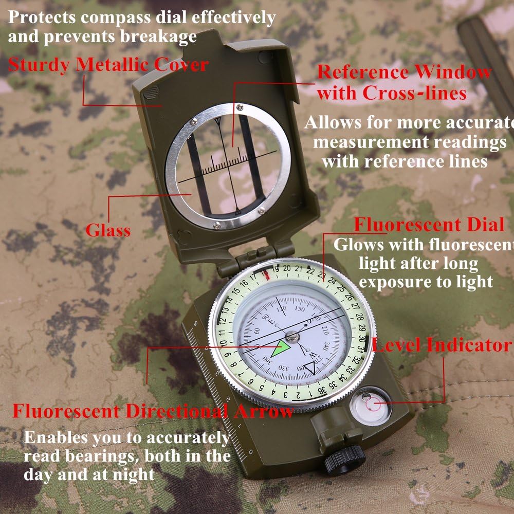 Sportneer Military Lensatic Sighting Compass with Carrying Bag, Waterproof and Shakeproof, Army Green : Sports & Outdoors