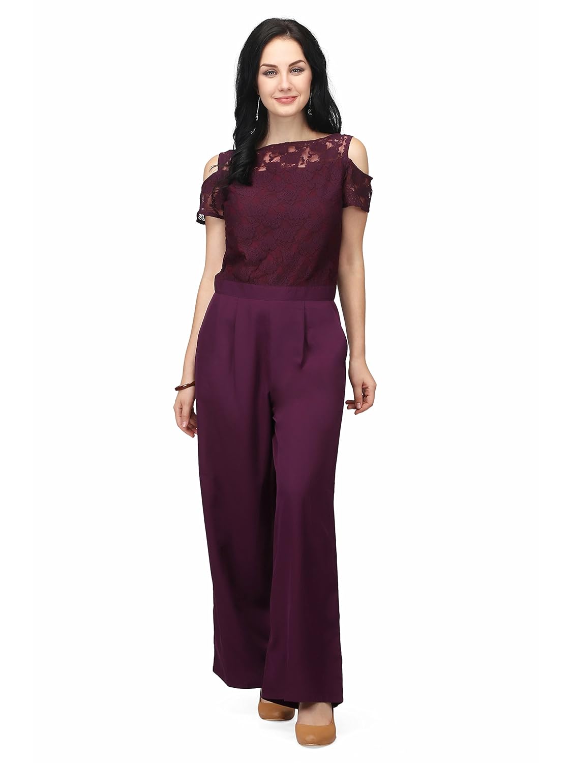 eavan women's premium burgundy a-line lace jumpsuit