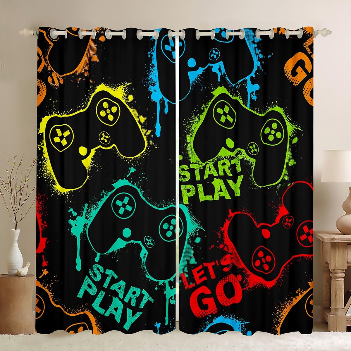 Loussiesd Boys Gamer Curtains Colorful Watercolor Gamepad Print Curtains for Bedroom Living Room Kids Teens Gaming Console Video Game Windows Drapes Game Controller Room Decoration,W46*L54 — image 1