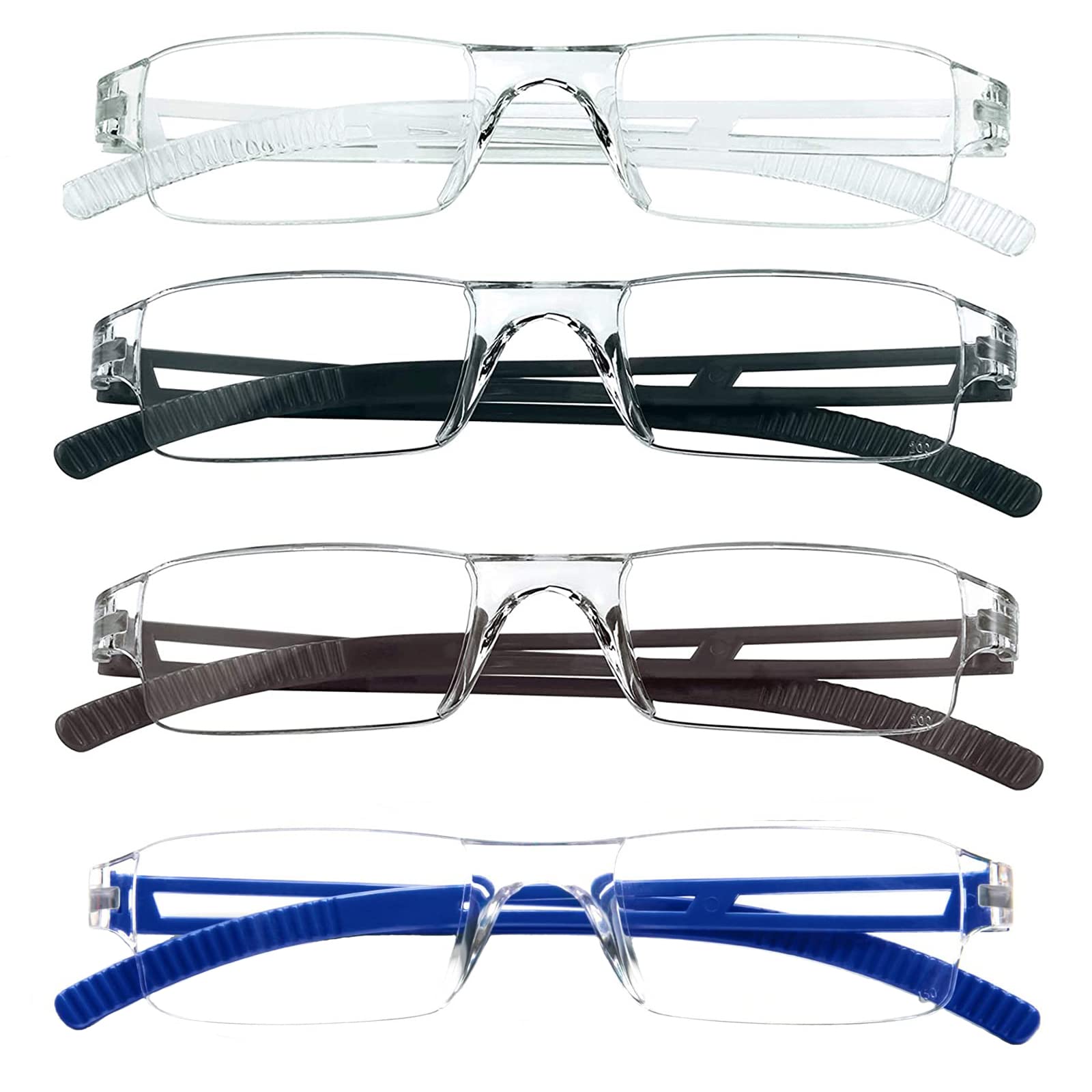 MMOWW 4 Pack Reading Glasses Blue Light Blocking Lightweight Glasses for Men Women Rimless Frame Fashion Rectangle Readers +2.0