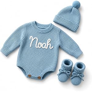 Personalized Baby Romper Set, Custom Name Knit Newborn Outfit | Custom Name Knit Romper, Soft Cotton Baby Outfit, Matching Ha