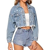 LONGYIDA Women's Cropped Denim Jacket | Distressed Button-Down Jean Jacket | Long Sleeve Ripped & Frayed Blue Coat