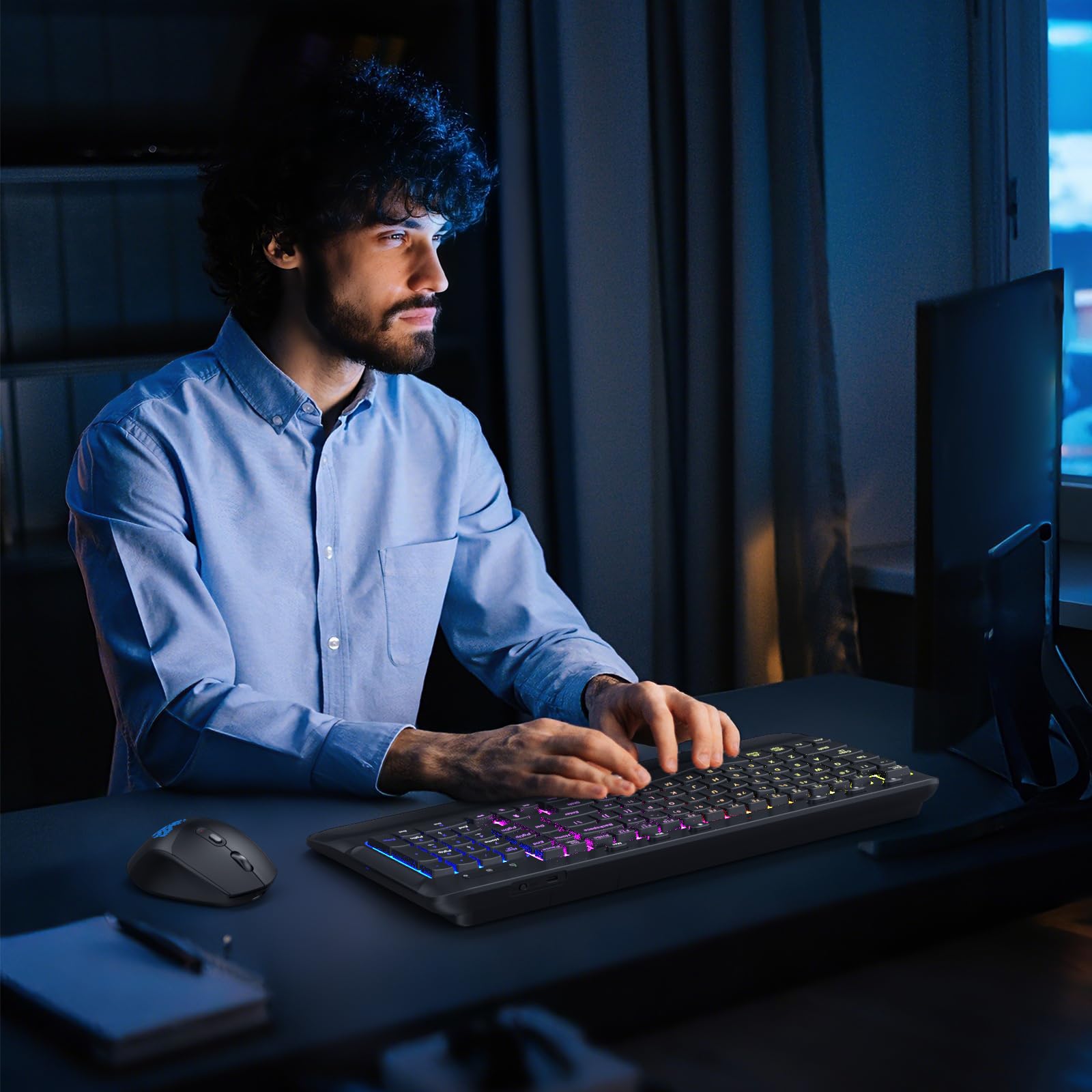 COLIKES Wireless Keyboard and Mouse Combo, Ergonomic Wave, 9 RGB Backlit Effects, Leather Wrist Rest, Rechargeable 2.4G Silent Set for Computer/Windows/Mac, Black