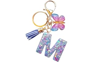 SANLONGXL Cute Initial Letter Keychains for Women Girls Tassel Butterfly Pink Purple Green Keychain for Backpack School Bag