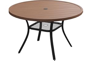 VOXBIN Patio Dining Table for 4-6, Round Metal Outdoor Table with 1.57" Umbrella Hole, 47" Outdoor Slat Tabletop Dining Table for Backyard, Porch, Lawn, Walnut