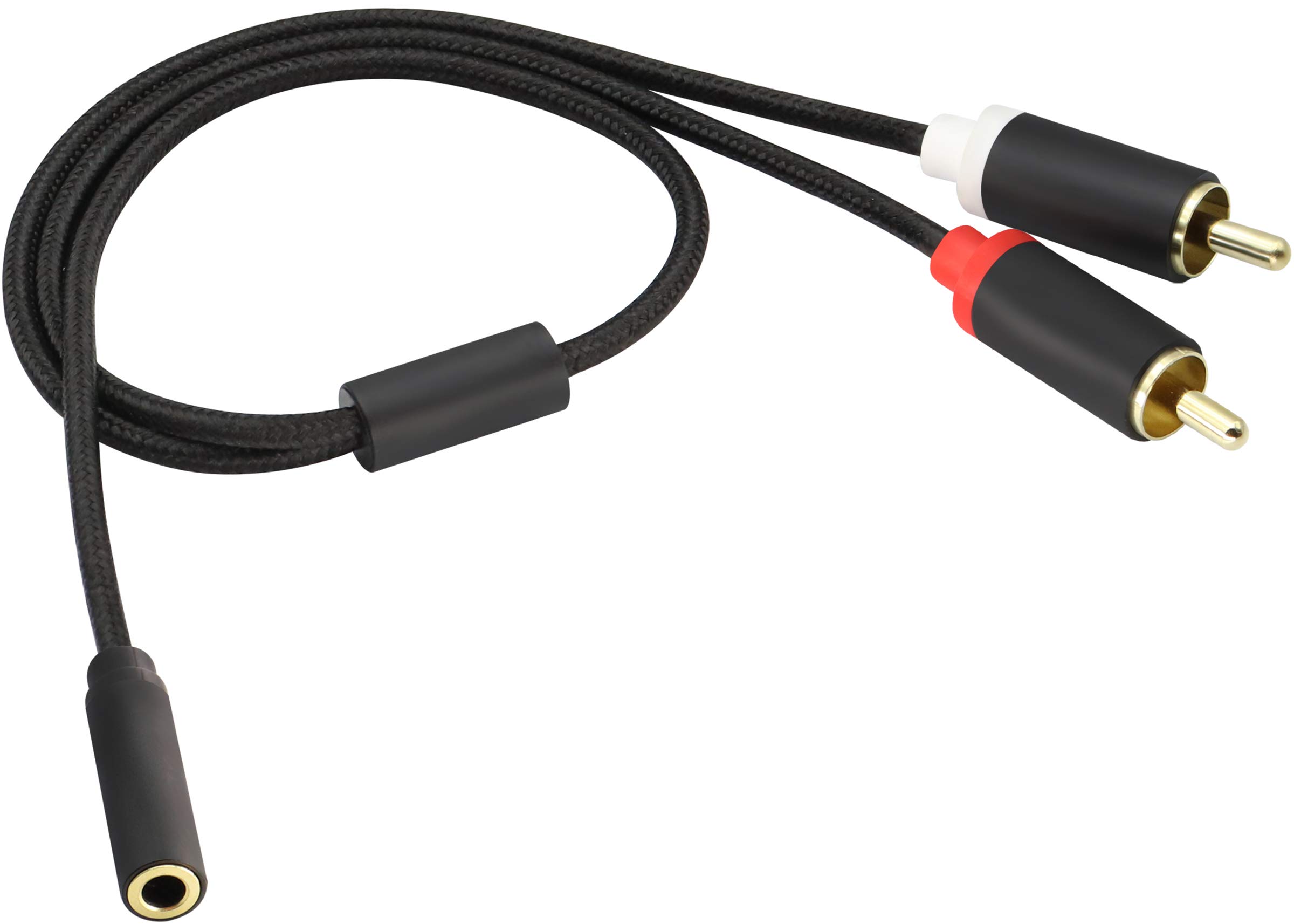 AAOTOKK 3.5mm to 2 RCA Splitter Cable,3.5mm Female to 2 RCA Male Audio Stereo Adapter Cable Nylon Braided AUX RCA Y Splitter Adapter Cord for Smartphones, MP3, Tablets, Speakers (0.4m/1.3ft-Black)
