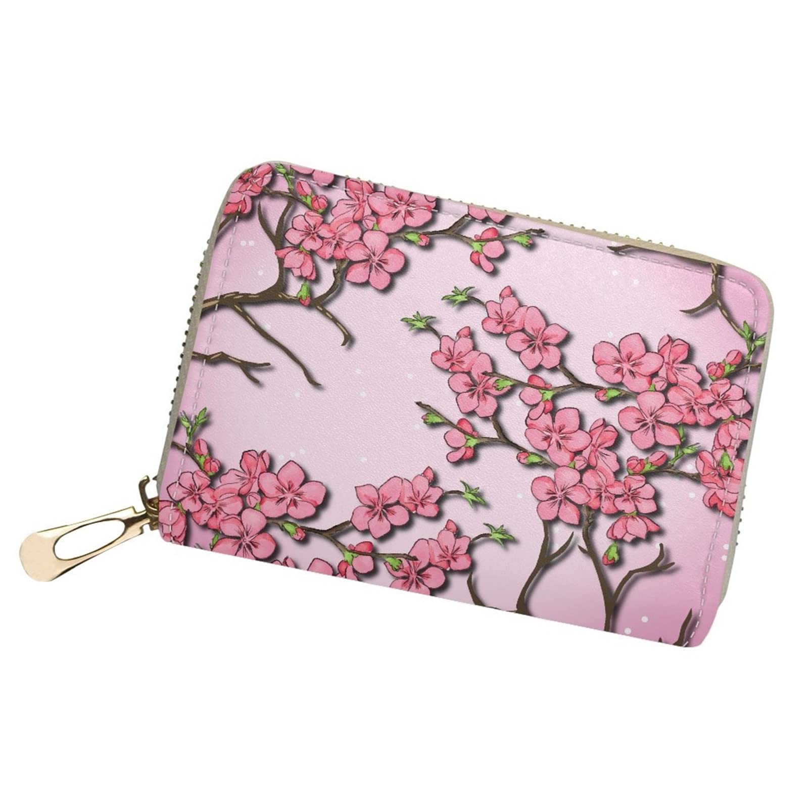 Poceacles Plum Bossom Print Small Leather Wallet Credit Cards Holder for Women, Zip Around Purse Cards Case ID Card for Travel Work Shopping
