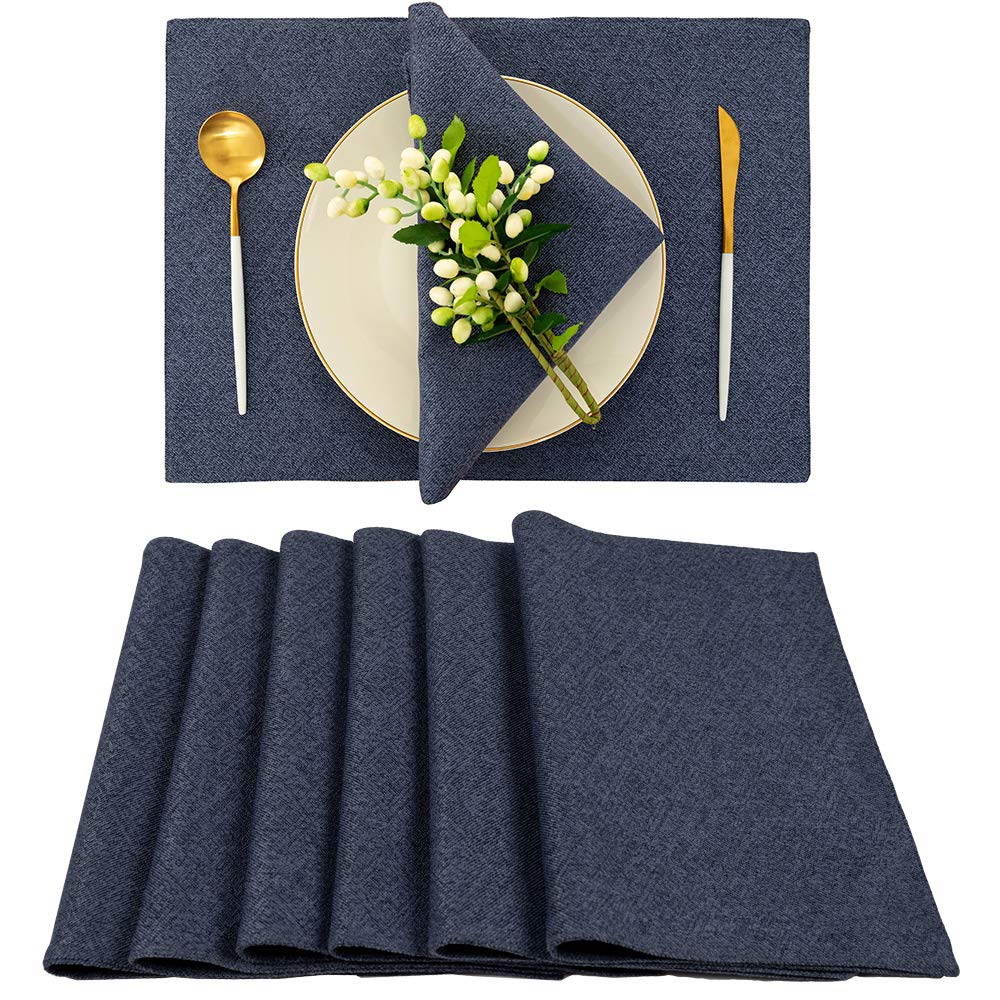 Spring Garden Home Woven Placemats Set of 6 Washable Boho Linen Placemats for Kitchen Table (13 X 19 inches, Navy Blue)