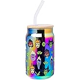 Silver Buffalo Disney Villains Electroplate Chrome Glass Tumbler with Bamboo Lid and Glass Straw Featuring Scar, Maleficent, Ursula, Evil Queen, and Hades, 16 Ounces