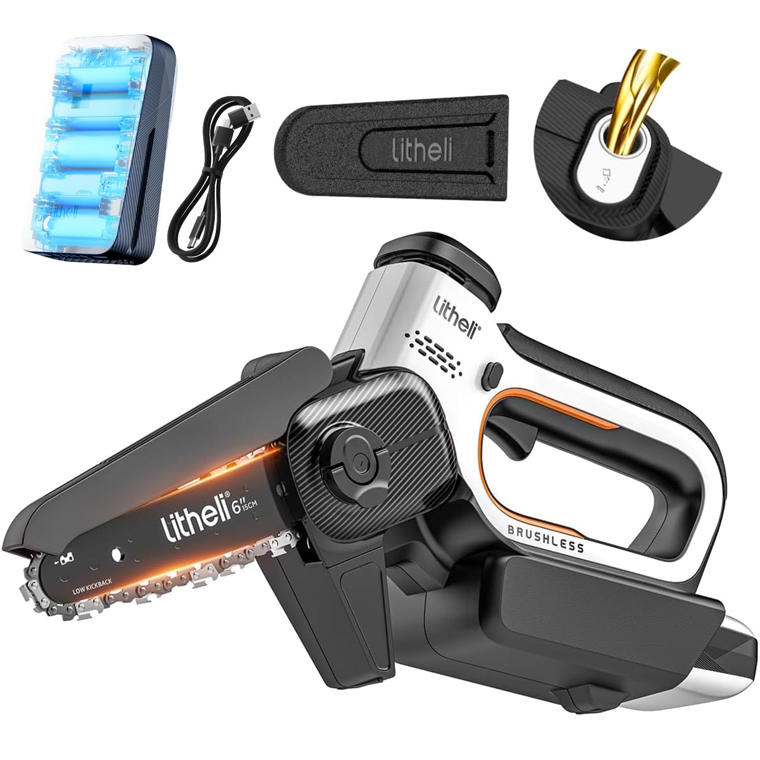 Litheli Mini Kettensäge mit Akku 10.000 mAh, 15 CM Akku Kettensäge 20V, Bürstenloser Motor, Astsäge, Automatischer Öler, Sicherheitsverriegelung, Akku Handkettensäge für Gartenscheren Holzschneidenz