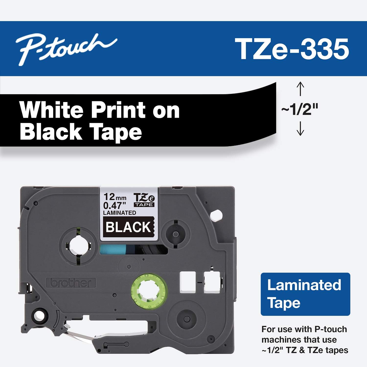 Brother Genuine P-touch TZE-335 Label Tape, 1/2" (0.47") Standard Laminated P-touch Tape, White on black, Laminated for Indoor or Outdoor Use, Water Resistant, 26.2 Feet (8M), Single-Pack: Office Products