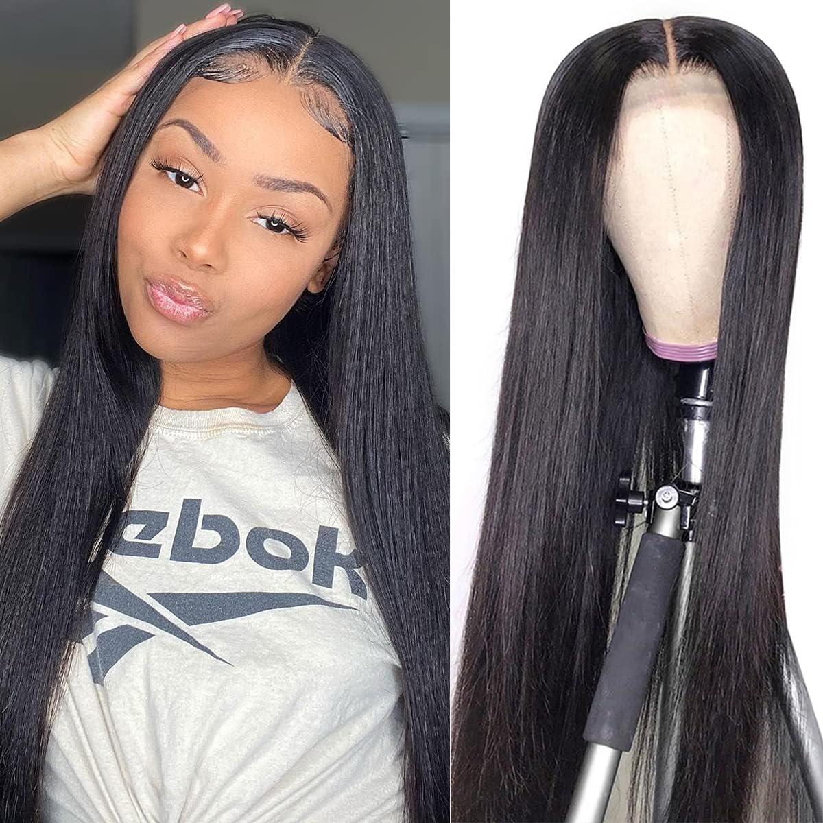 Glueless Wig Lace Front Closure Human Hair Wig Straight Glueless 13x6 Transparent Lace Closure Wigs 100% Unprocessed Brazilian Virgin Human-Hair Natural Black Color 24 Inch