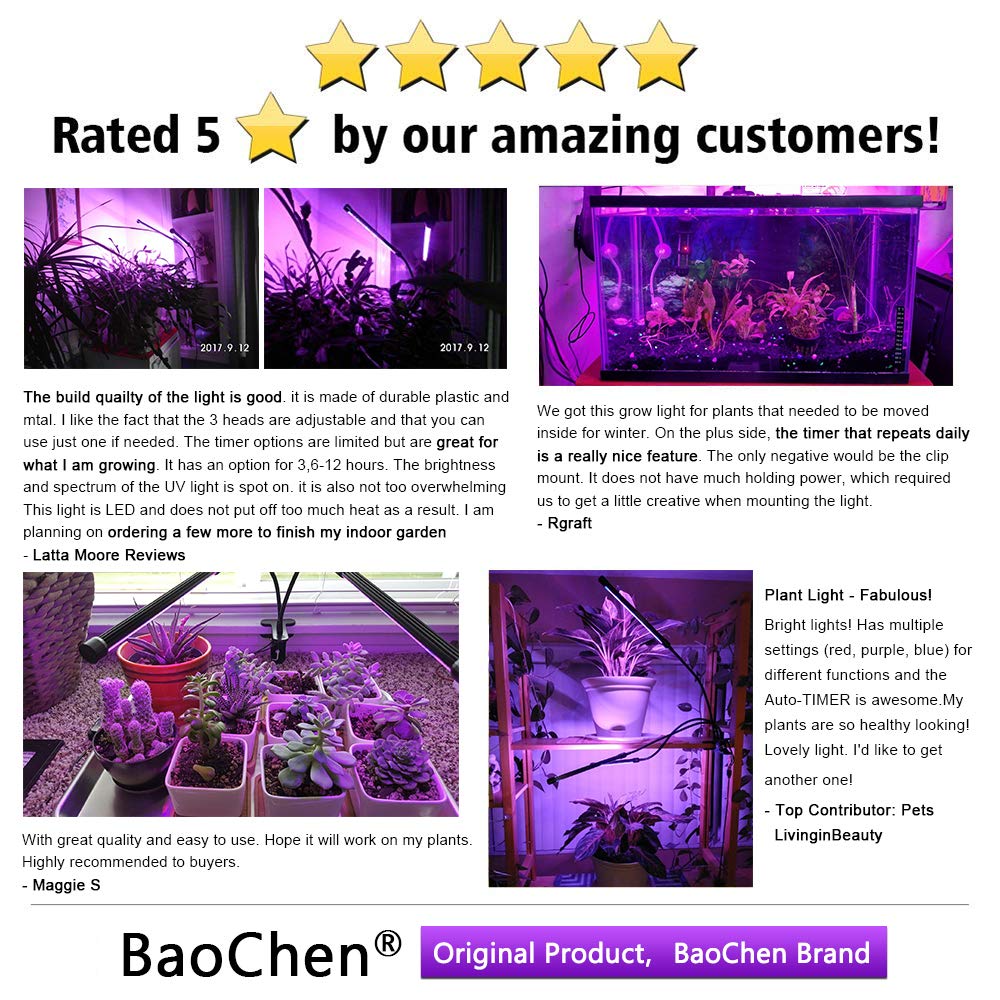 Grow Light, Grow Lights for Indoor Plants - BaoChen 30W Plant Light with Auto Turn On Function, 60 LED, 3/6/12H Timer, 5 Dimmable Modes, 3 Spectral Modes, 3 Divide Control Grow Lamp [Upgraded Switch]