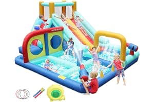 Doctor Dolphin Inflatable Water Slide, Waterslide Bounce House for Kids, Water Bounce House with Slide, Blow Up Water Park with 450W Blower Backyard Outdoor for Wet and Dry