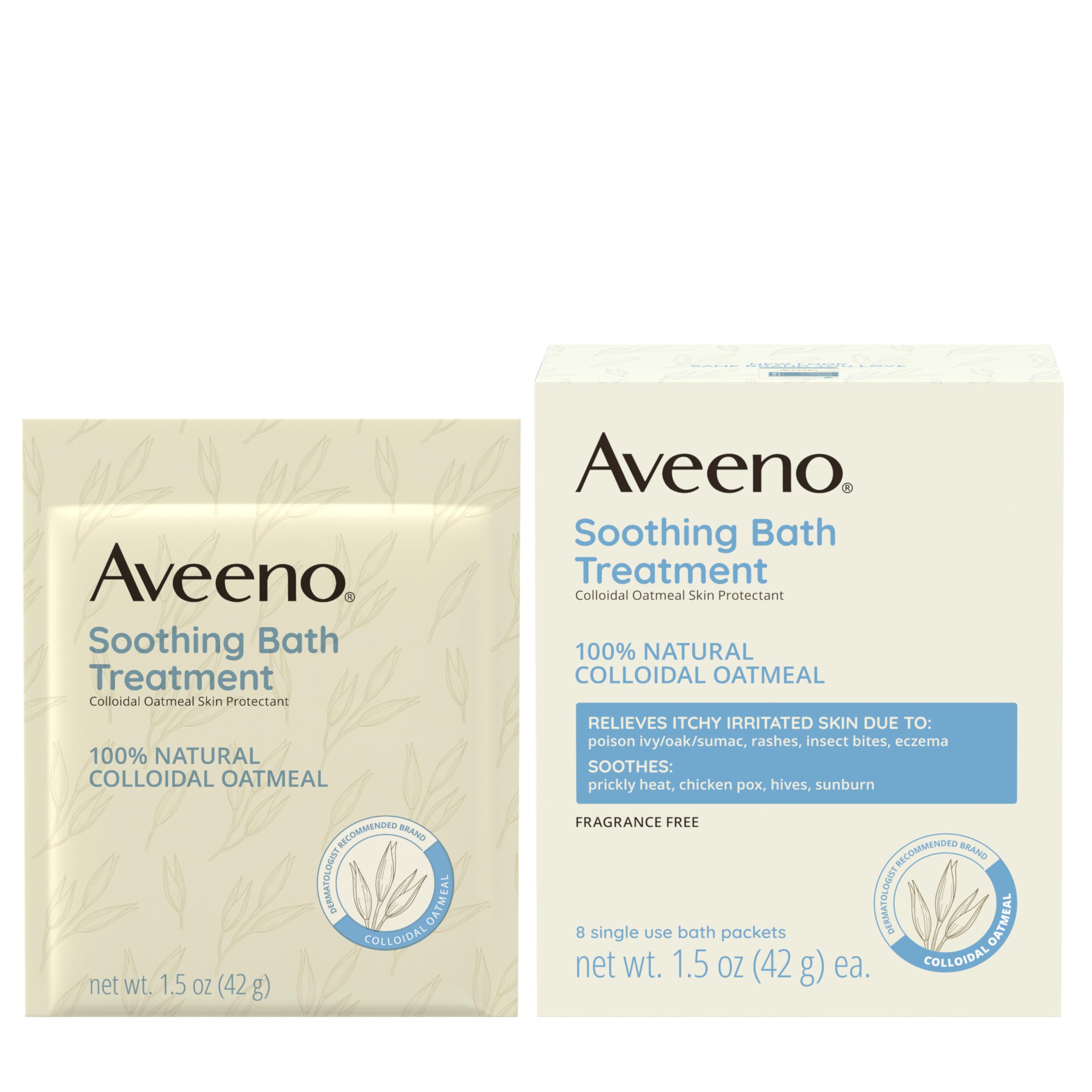 Aveeno Fragrance-Free Soothing Bath Treatment & Soak for Soothing Relief, 100% Natural Colloidal Oatmeal, Relieves Itchy, Irritated Skin Due to Eczema, 8 Single-Use Bath Packets
