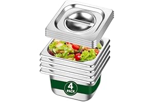 Bakpoco Hotel Pan With Lid 1/6 Size - 4" Deep 4 Packs Stainless Steel Food Pan for Steam Table, Commercial Restaurant, Anti Jam, Buffet