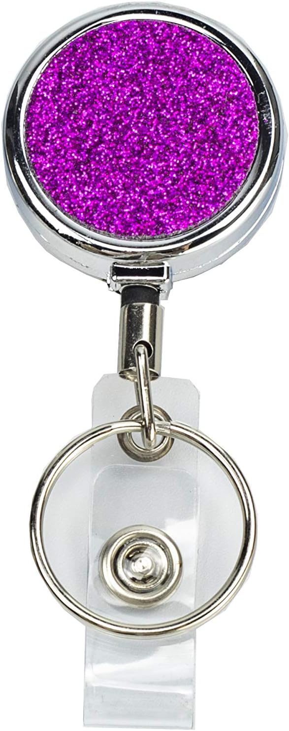 Retractable Badge Holder, Stainless Steel Badge Reel Retractable Card Holder with Key Ring Backing Belt Clip ID Holder for Nurse, Volunteer, Teacher, Student, Office, Party Worker (Glitter Powder)
