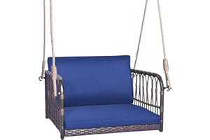 Tangkula Patio Rattan Porch Swing, Single Person Hanging Seat with Seat & Back Cushions, Heavy-Duty Metal Frame & 2 Sturdy Hanging Ropes, Wicker Woven Swing Chair for Front Porch, Backyard (Navy)