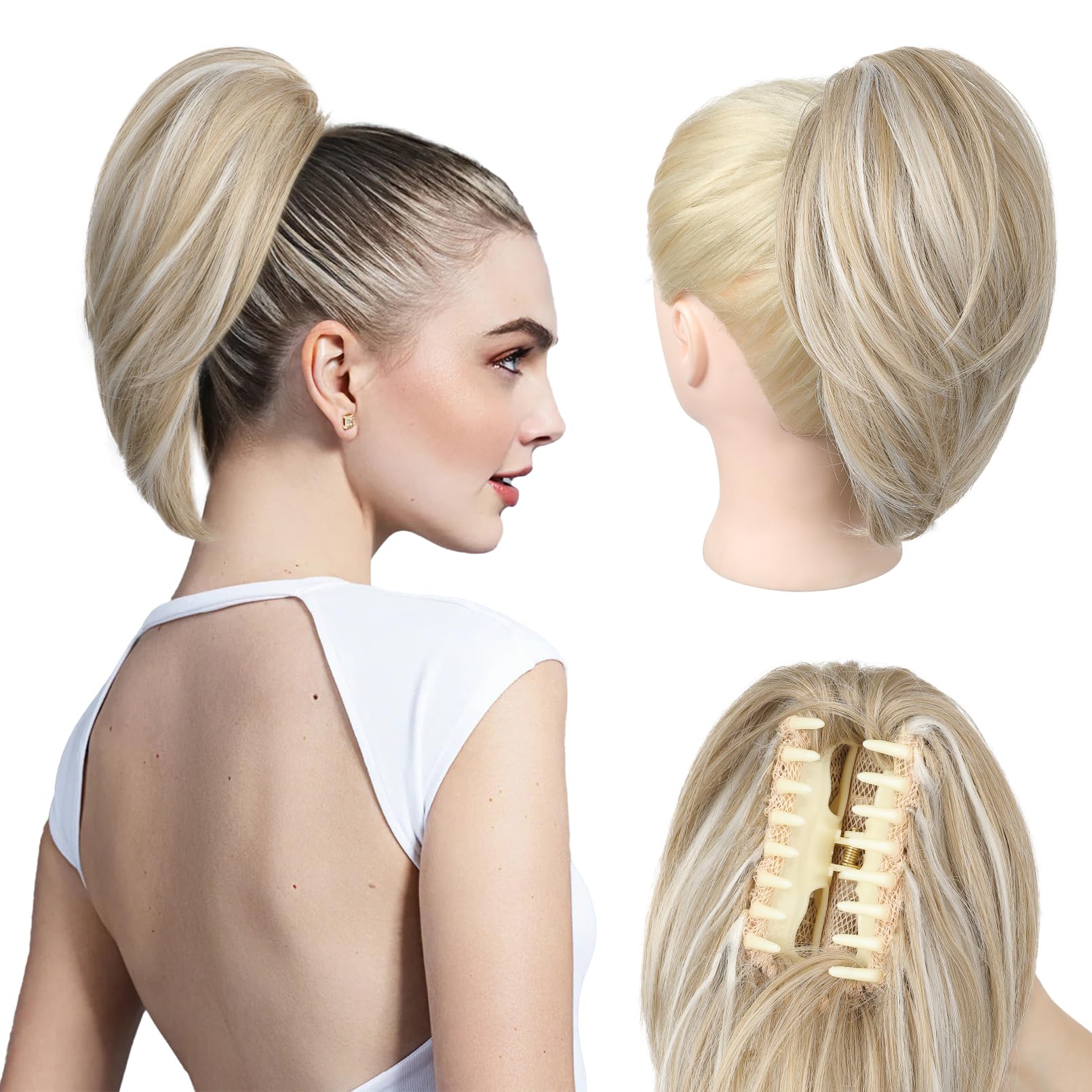 Photo 1 of NTYNTY Ponytail Extension - 10" Short Claw Clip in Ponytail Hair Extensions Messy Bun Hair Piece Natural Soft Synthetic Straight Pony Tail Hair Pieces for Women - Ash Blonde with Highlights